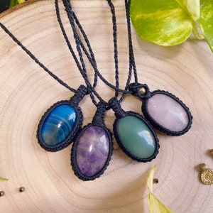 Macrame Stone Pendant: Boho Crystal Necklace, Adjustable Length