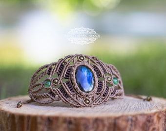 Hippie beige cord bracelet Macrame Labradorite stone cuff bracelet Blue gemstone Bohemian Festival jewelry summer bracelet for woman