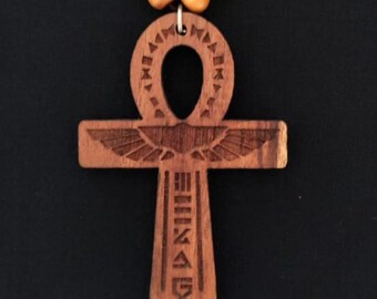 Teakwood Ankh Car Charm: Egyptian Good Luck Talisman with detailed traditional engraving on both sides