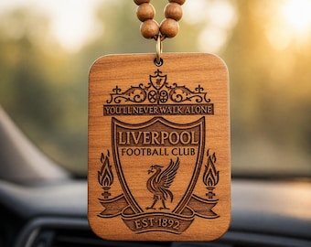Liverpool FC Teakwood Car Charm: Double Sided Detailed Engraving LFC Crest Hanging Ornament