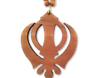 Decorazione per auto Khanda, ciondolo per auto Sikh Khanda, ornamento per auto Punjabi, ciondolo per specchietto retrovisore, simbolo Khalsa in legno di teak