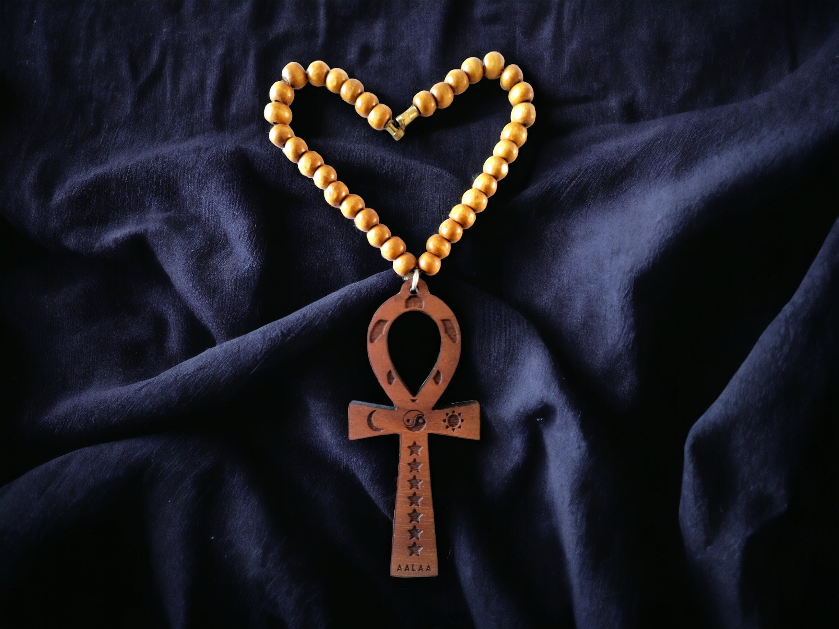 Teakwood Ankh Car Charm: Egyptian Good Luck Amulet Hanging Ornament with Double Sided Engraving