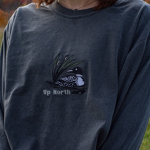 Up North, Loon Embroidery, Bird, Bird Embroidery, Comfort Colors Tee, Longsleeve Tee, Comfort Colors Embroidery