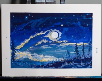 Painting / Watercolor / Gouache Painting / Artwork / Moon / Fine Art / Illustration / Perfect gift