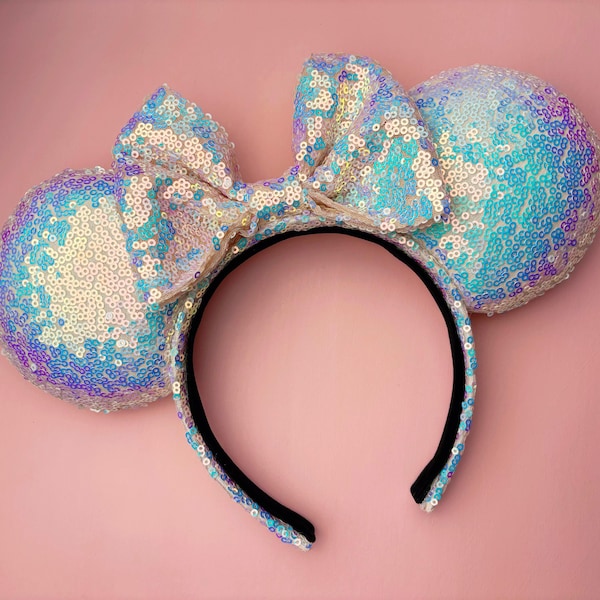 Oreilles de souris irisées blanches, oreilles irisées, oreilles à sequins