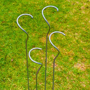 May include: Four silver metal garden stakes with a curved hook design. The stakes are positioned vertically against a backdrop of green grass. The hooks are designed to hold hanging plants or decorations.