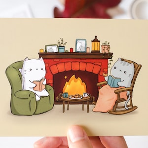 Fireplace Cozies Postcard and Mini Print | 4x6 Cute Postcard of Cats Reading by the Fireplace