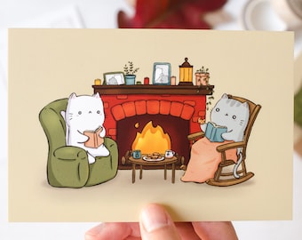 Fireplace Cozies Postcard and Mini Print | 4x6 Cute Postcard of Cats Reading by the Fireplace