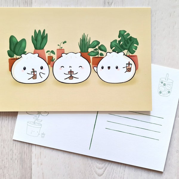 Boba Buddies Cute Postcard | 4x6 Asian Postcard with Dumpling, Boba, Bubble Tea, Plant Lovers