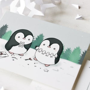 Crafty Penguins Winter Postcard | 4x6 Cute Christmas Postcard of Penguins in Snowy Winter Woodland Scene, Bulk Christmas Cards