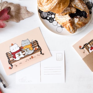 Autumn Coffee Latte Cute Cat Postcard | 4x6 Kawaii Postcard of Cute Cats Drinking Coffee, Cozy Autumn, Fall Season, Pumpkin Spice Latte