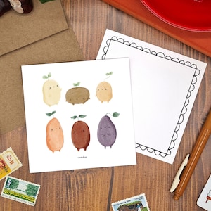 Spuddies 5x5 Postcard with Envelope | Square Postcard with Kawaii Potato Friends, Mini Art Print, All Occasion Card, Cute Art Illustration