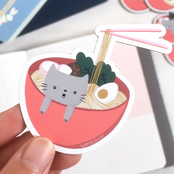 Ramen Kitty Magnet | Kawaii Cats, Cute Refrigerator Magnet, Die-Cut Magnet, Office Accessories, Kitchen Decor, Food Illustration