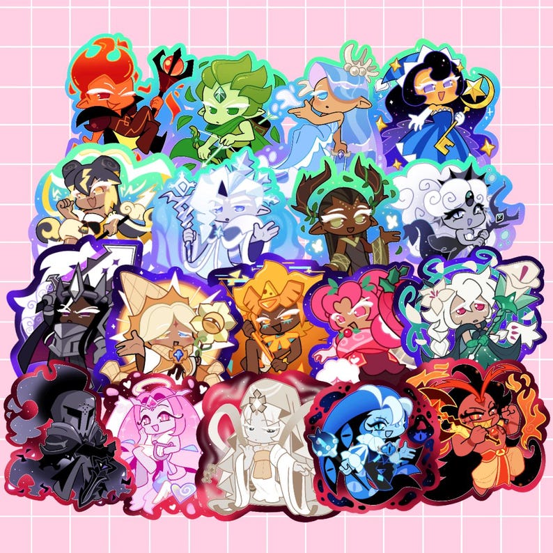 May include: A collection of fifteen colorful, stylized character stickers featuring diverse figures with unique accessories, weapons, and magical elements. The designs include vibrant shades of red, blue, green, and purple, arranged in a dense, overlapping cluster against a light pink grid background.