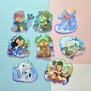 May include: A collection of eight holographic stickers featuring stylized cartoon characters with diverse themes including fire, nature, water, celestial, forest, sea, ice, and lightning elements, each with unique accessories and vibrant color palettes.