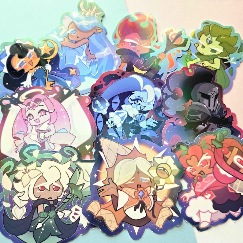 May include: A collection of holographic stickers featuring various stylized cartoon characters with diverse hair colors, outfits, and accessories, including swords, staffs, and musical instruments, rendered in a vibrant, colorful, and glossy finish.