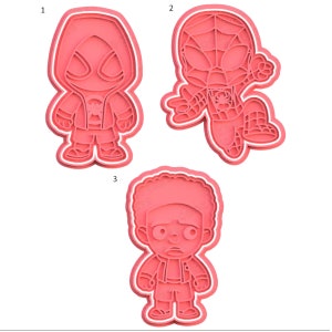May include: Three pink cookie cutters shaped like cartoon characters. The first cutter is of a hooded figure with a spider symbol on the chest. The second cutter is of a spider-man character with a spider web design on the suit. The third cutter is of a cartoon character with a large afro and a worried expression.