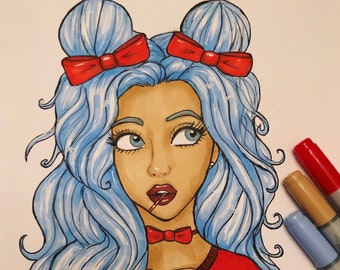 Girl With Bows, Space Buns and Christmas Spirit Copic Marker Illustration