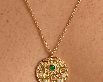 Gold or Evil Evil Eye Coin Necklace, Textured Round Pendant, Summer Beach Jewellery