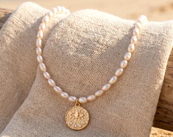 Freshwater Pearl Evil Eye Necklace - Gold Coin Pendant Necklace - Pearl Choker - Coastal Summer Holiday Beach Accessories