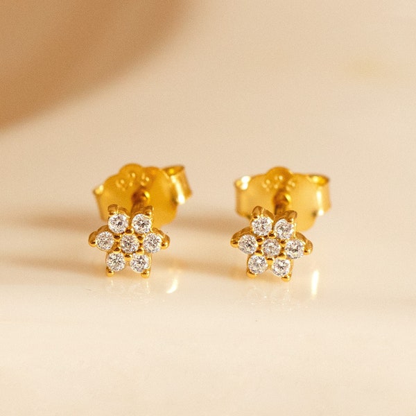 Tiny Flower Stud Earrings by MUCHV • Cluster Crystal Earrings • Leaf Minimalist Jewelry • Hypoallergenic Baby Earrings