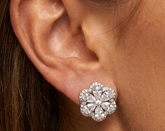 Sterling Silver Floral Diamante Stud Earrings, Wedding Bride Bridesmaid Jewellery