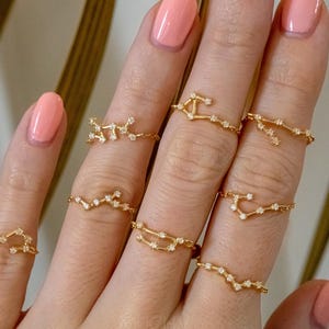Bague constellation en or ou argent 18 carats, bijoux avec pierre de naissance du zodiaque, bague chaîne réglable, cadeau minimaliste Lion, Vierge, Gémeaux, Bélier, Balance