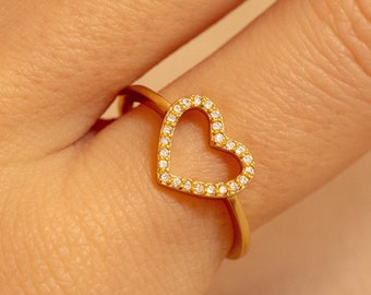 Gold Heart Ring • Dainty Love Ring • CZ Diamond Stacking Ring For Women • Promise Ring