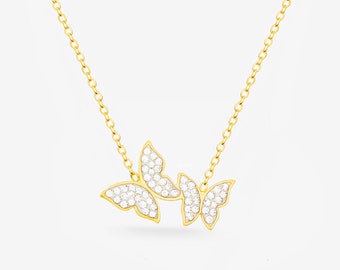 Butterfly Necklace Gold - Valentine's Day Gift For Her - Small Butterflies Pendant CZ Y2K Butterfly Jewellery (Gold Plated Stainless Steel)