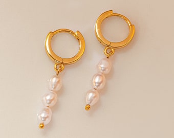 Baroque Pearl Charm Huggie Hoop Earrings by MUCHV • Pearl Jewelry • Hypoallergenic • Dainty Huggies • Dangling Earrings • Bridal Earrings