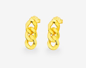 Curb Chain Earrings - 18ct Gold Plated - Short Stud Drop Earrings Minimalist Jewellery Valentine Day Gift For Girlfriend, Wife, Mom, Fiancé
