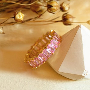 Gold Ring With Pink Stones Pastel Pink Colourful Jewellery Stacking Y2K Eternity Ring Statement Jewellery Pink Lover Gift image 1