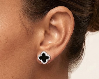Black Clover Stud Earrings – Sterling Silver Minimal Luxe Earrings – Special Occasion, Wedding, Birthday Party, Statement Jewellery