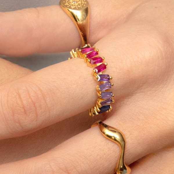 Rainbow Baguette Ring - CZ Stones - 18k Gold Plated Ring - Rainbow Jewellery - Gold Ring Band - Multi Stone Multicoloured Stone