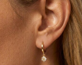 Small Hoop Earrings With Round Charm – Gold or Silver, Dainty Everyday Drop Earrings