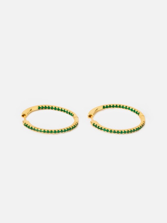 18ct Gold Thin Gold Hoop Earrings Emerald Green Gold Hoops Etsy
