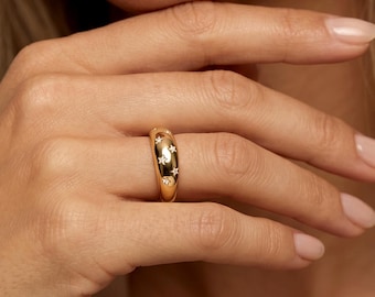 Moissanite Gold or Silver Dome Star Ring with Moissanite Stones - Celestial Chunky Statement Everyday Jewellery