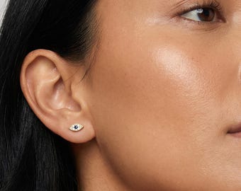 Evil Eye Stud Earrings – Gold or Silver Sapphire Blue Earrings – Spiritual Protection Jewellery