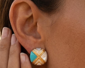 Gold Genuine Turquoise Stone Earrings With Mother of Pearl - Statement Square Stud Earrings - Summer Beach Holiday Jewellery for Her