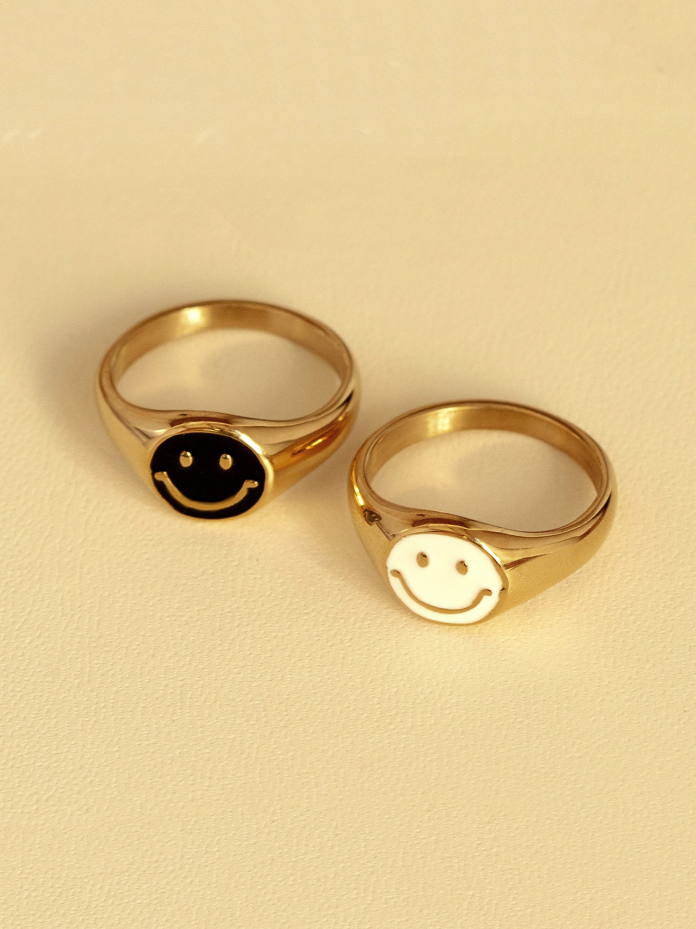 18k Gold Signet Ring - White or Black Smile - Valentine's Gift For Her - Happy Waterproof Positivity Self Care Jewellery Tarnish Resistant