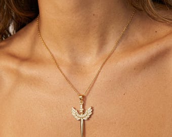 Angel Wing Sword Necklace – 18k Gold or Silver Statement Jewellery
