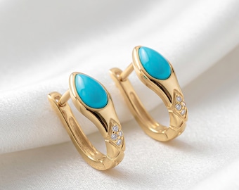 Genuine Turquoise Stone Huggie Hoops - 18k Gold Plated Sterling Silver Earrings  - Summer & Beach Holiday Accessories