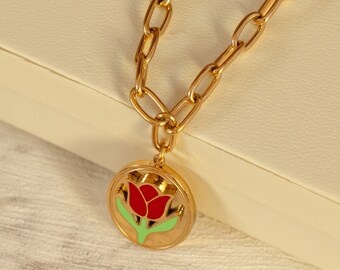 Collier de chaîne à maillons avec pendentif de pièce de fleur vintage tulipe émail - imperméable à l’eau et résistant au ternissement - cadeau de bijoux de Saint-Valentin pour elle