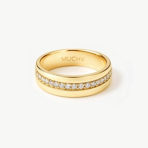 18k Gold or Silver Ring Band With Stones ∙ Cigar Band - Solid Polished Statement Ring, Chunky Diamond Minimalist ∙ Jewellery Gift For Her