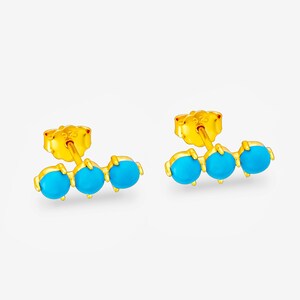 Turquoise Stud Earrings 18ct Gold Plated, Three Stones, Beaded Studs, Turquoise Jewellery, Turquoise Wedding, Valentine's Day Gift For Her image 2