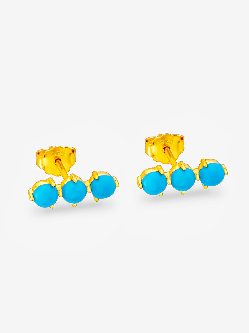 Turquoise Stud Earrings 18ct Gold Plated, Three Stones, Beaded Studs, Turquoise Jewellery, Turquoise Wedding, Valentine's Day Gift For Her image 2