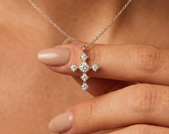 Cross Pendant Necklace – Gold or Silver White Crystal Religious Necklace, Dainty Faith Jewellery