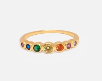 Gold Rainbow Ring, Thin Gold Ring, 7 Stone Ring, Dainty Bezel Stone, Gold Ring Band, Rainbow Jewellery Valentine's Day Gift For Her