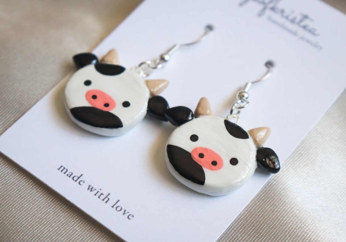 Dainty cows polymer clay earrings // cute cow earrings | Etsy