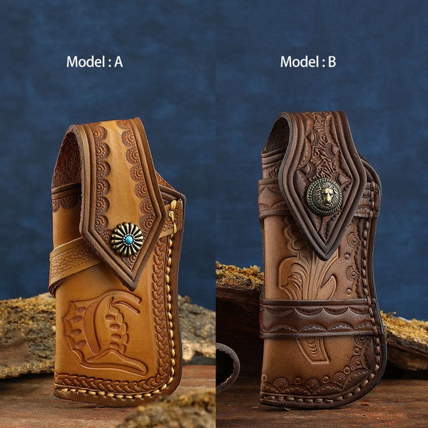 Hand Made Carved Cowhide Genuine Vegetable tanned Leather Craft Sheath For Folding Knife Cover Pouch Belt Clip